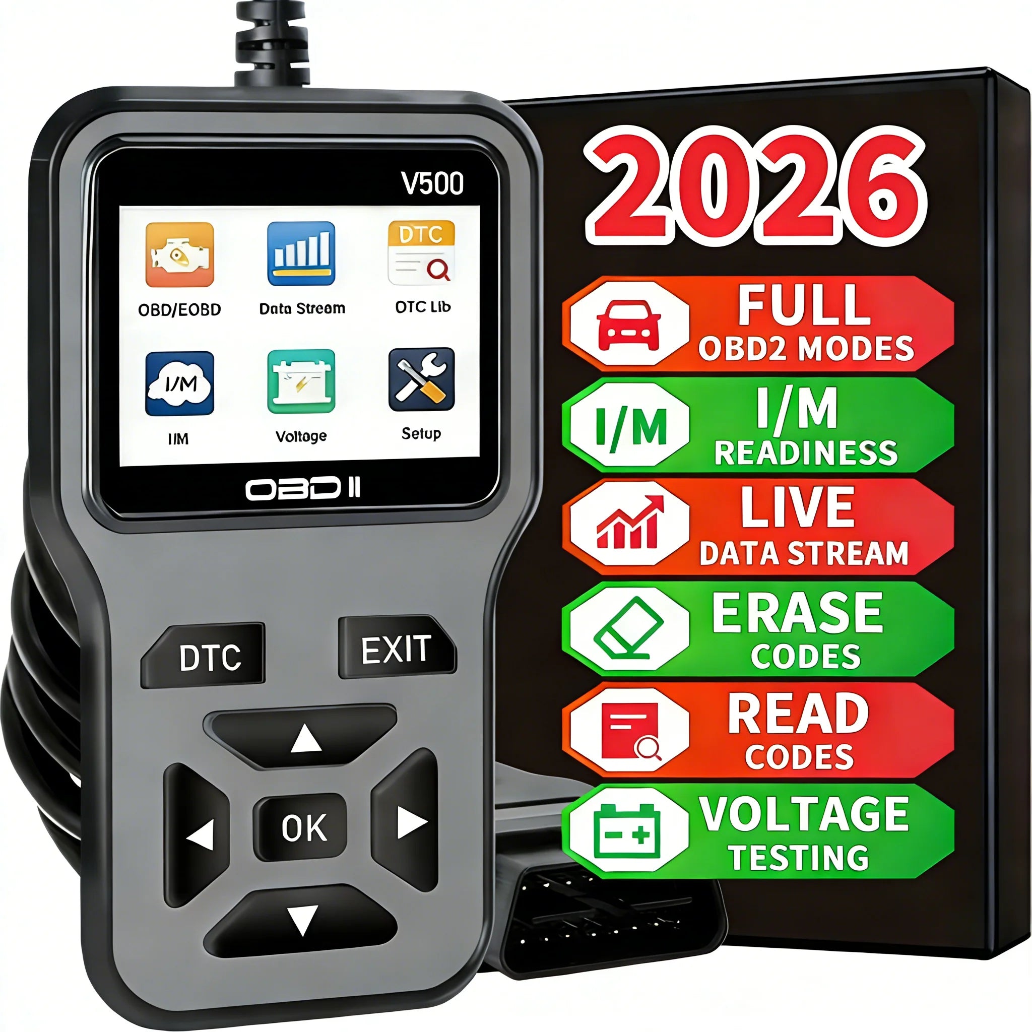 Obd2 Diagnostic Scanner with the Ability to Read and Clear Fault Codes, Check I/M Readiness Status, Vehicle Information, and Voltage Testing - Compact and Durable Design, Compatible with All Obdii/Eobd Cars, Trucks, and Suvs