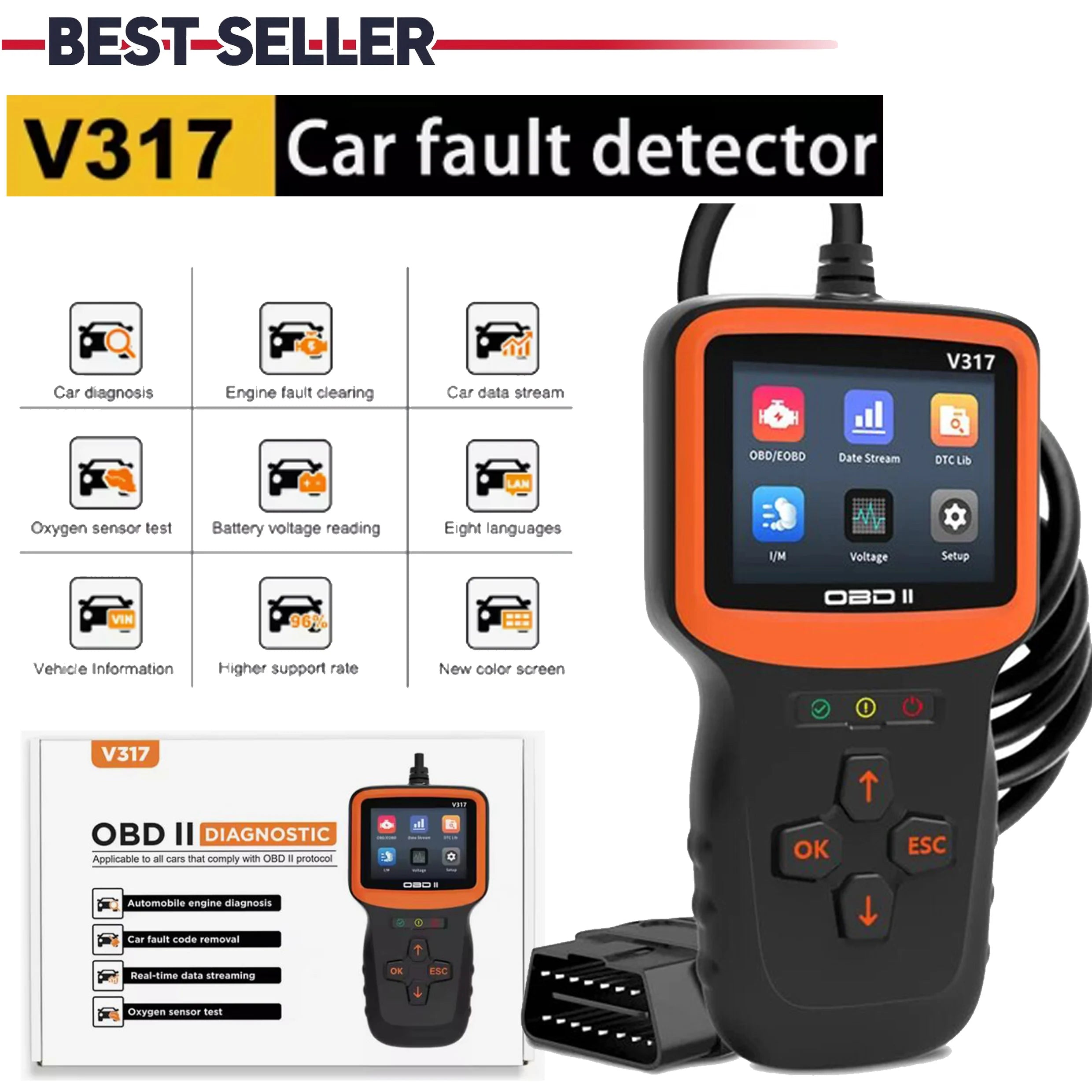 OBD II EOBD V317 OBD 2 Automobile Car Fault Detector Oxygen Sensor Test Engine Fault Diagnosis Car Diagnostic Tool
