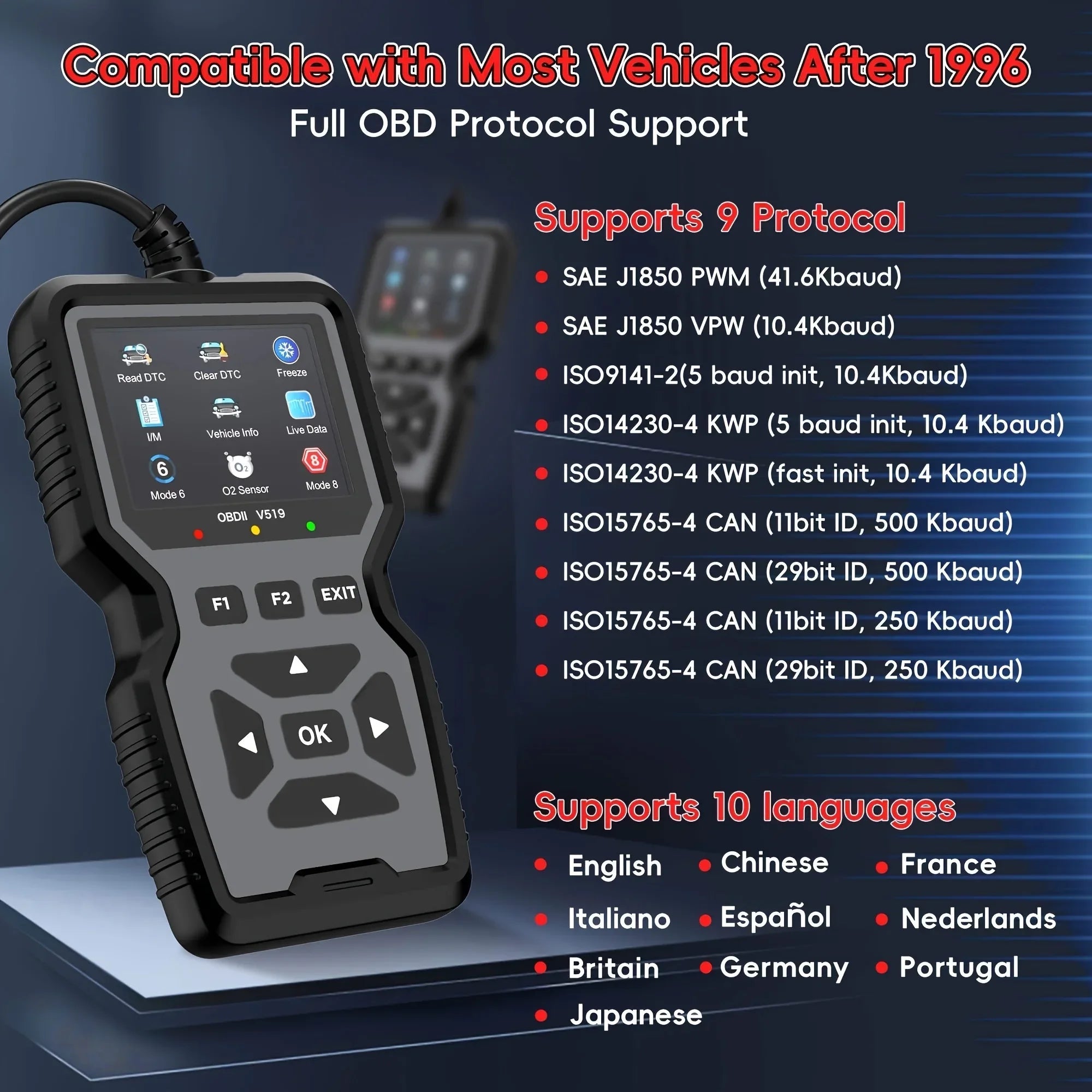 Obd2 Diagnostic Tool-Code Reader,Supports Real-Time Data Stream,No Battery Required,Compatible with Vehicles1996(Obdii/Eobd)